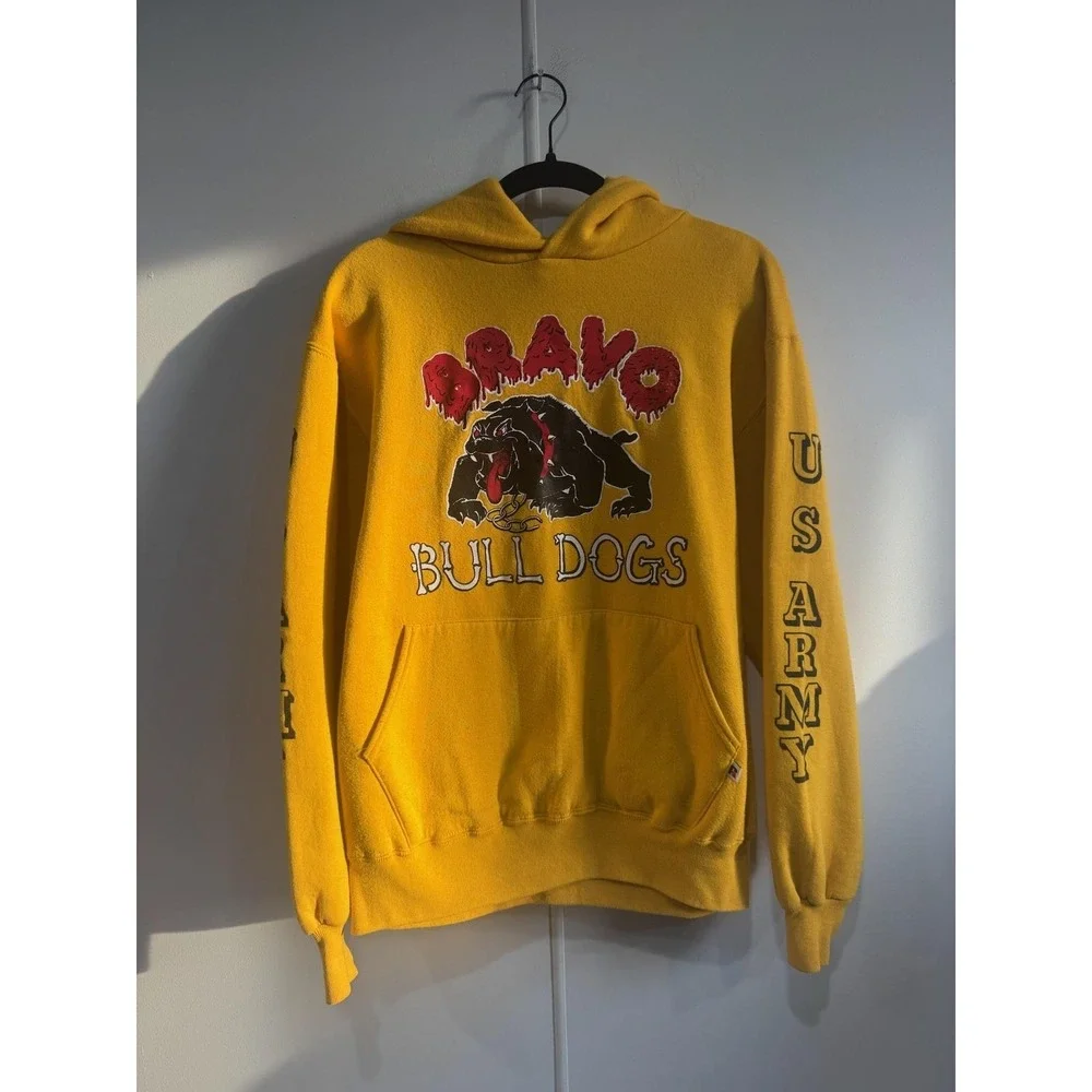 Vintage Russell Athletic Bravo Bulldogs Hoodie Mens Medium Yellow US Army 90s‎